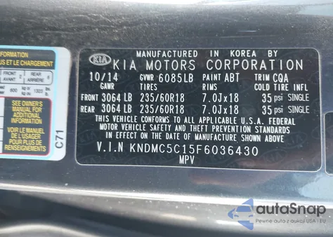 2015 Kia Sedona Ex z USA, uszkodzony, nr VIN KNDMC5C15F6036430